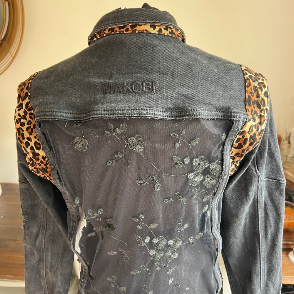 Makobi Denim Jacket Womens M Black Leopard Mesh Embroidered Distressed upcycling